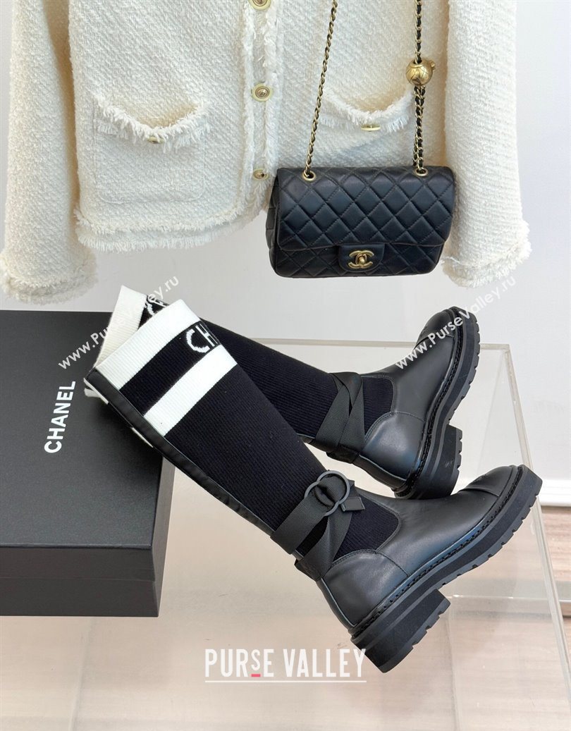 Chanel Knit and Calfskin Medium Boots with Buckle Black 2025 CH11030317 (MD-251103129)