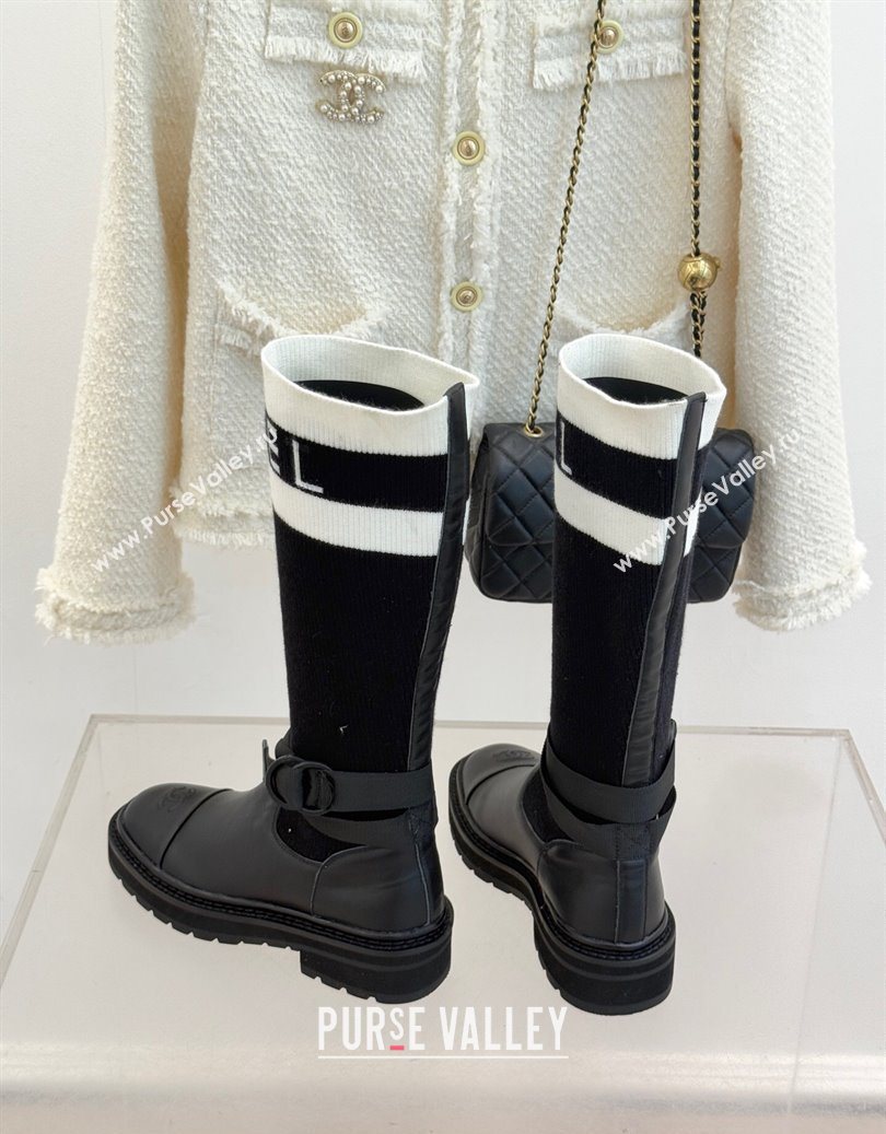 Chanel Knit and Calfskin Medium Boots with Buckle Black 2025 CH11030317 (MD-251103129)