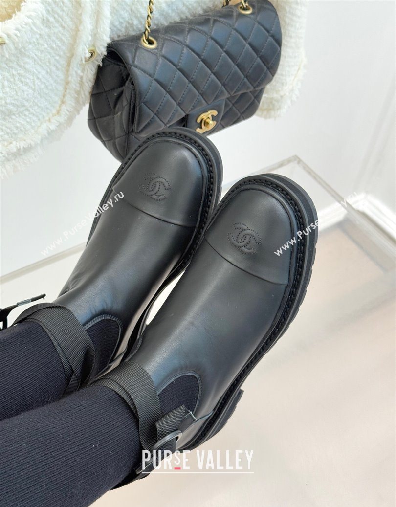Chanel Knit and Calfskin Medium Boots with Buckle Black 2025 CH11030317 (MD-251103129)