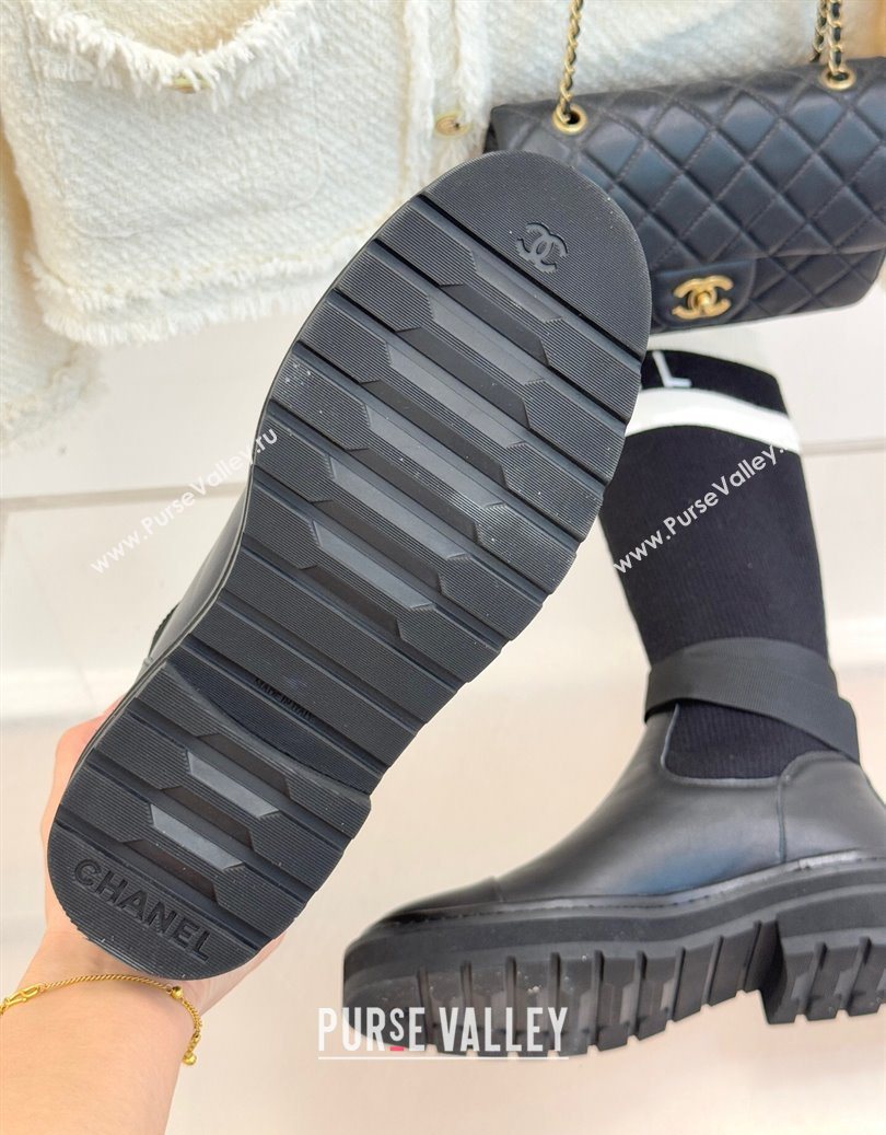 Chanel Knit and Calfskin Medium Boots with Buckle Black 2025 CH11030317 (MD-251103129)