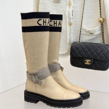Chanel Knit and Calfskin Medium Boots with Buckle Beige 2025 CH11030317 (MD-251103130)