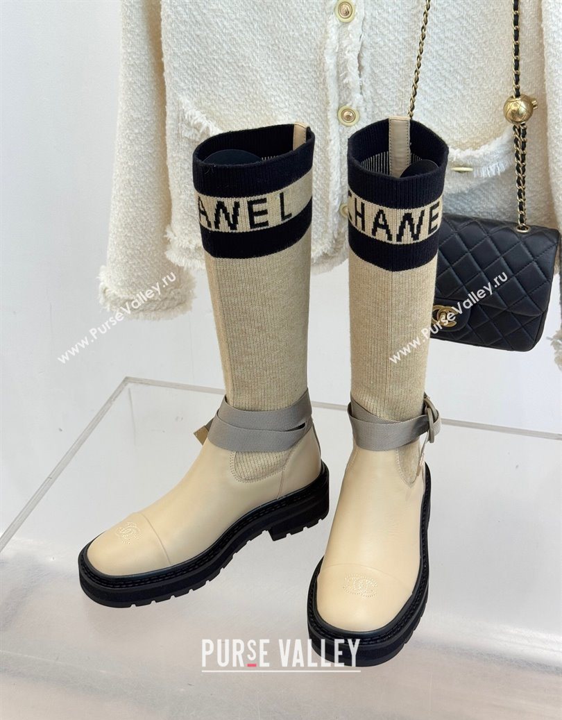 Chanel Knit and Calfskin Medium Boots with Buckle Beige 2025 CH11030317 (MD-251103130)