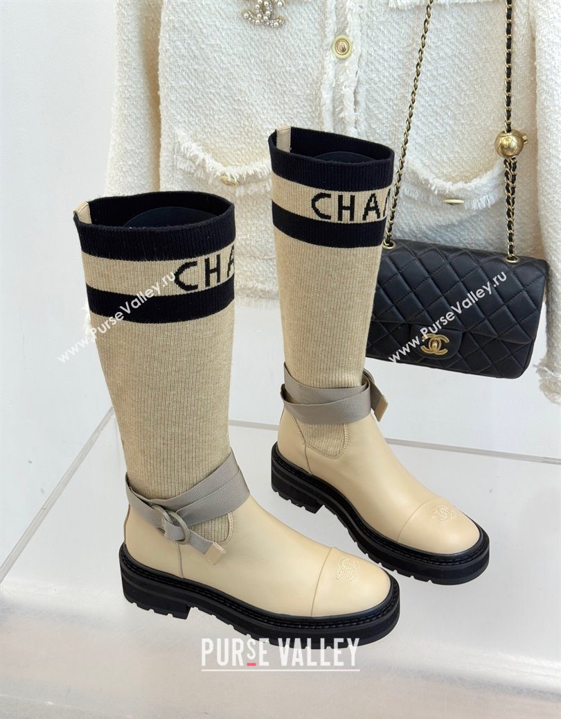 Chanel Knit and Calfskin Medium Boots with Buckle Beige 2025 CH11030317 (MD-251103130)