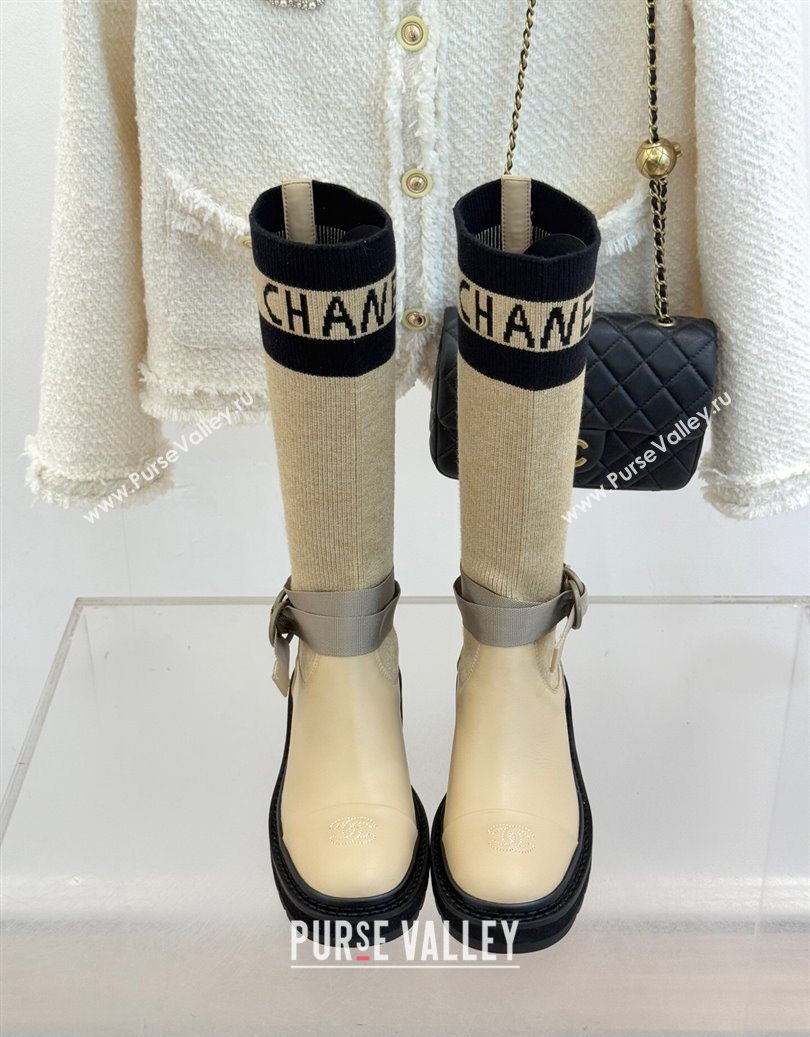 Chanel Knit and Calfskin Medium Boots with Buckle Beige 2025 CH11030317 (MD-251103130)