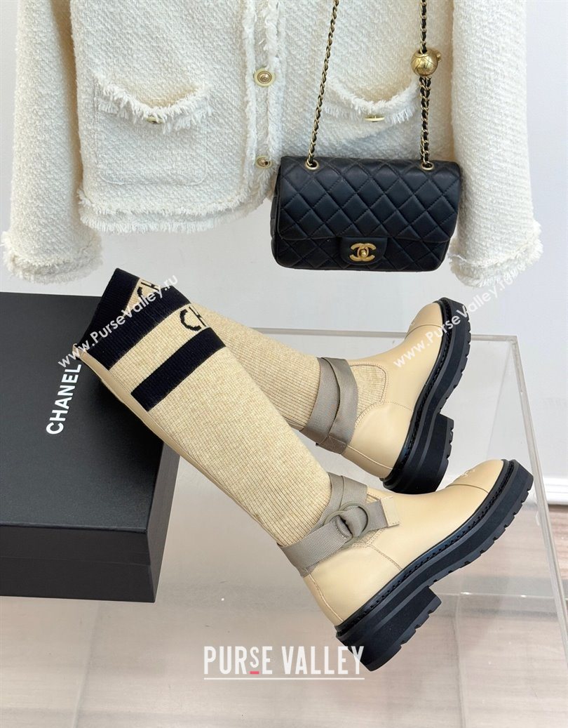 Chanel Knit and Calfskin Medium Boots with Buckle Beige 2025 CH11030317 (MD-251103130)