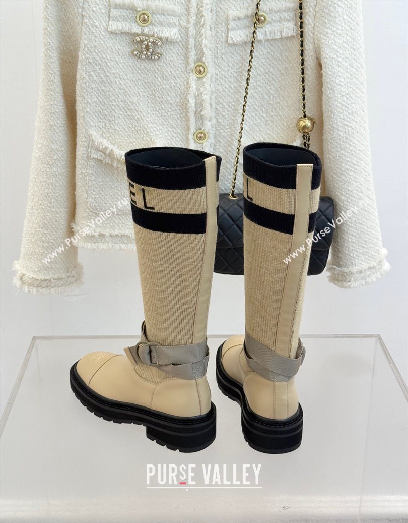Chanel Knit and Calfskin Medium Boots with Buckle Beige 2025 CH11030317 (MD-251103130)