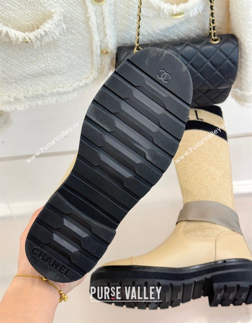 Chanel Knit and Calfskin Medium Boots with Buckle Beige 2025 CH11030317 (MD-251103130)