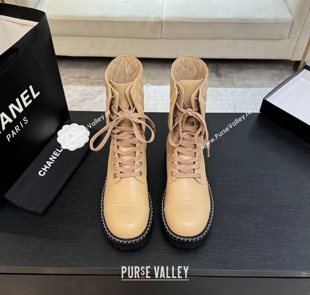 Chanel Lambskin and Quilted Leather Laced-up Ankle Boots 5cm with Chain Black 2025 CH11030320 (MD-251103138)