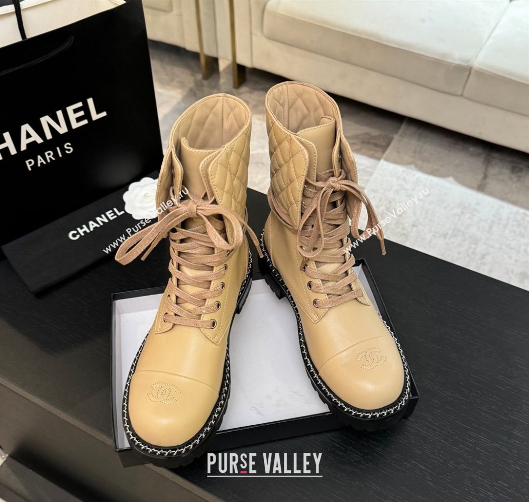 Chanel Lambskin and Quilted Leather Laced-up Ankle Boots 5cm with Chain Black 2025 CH11030320 (MD-251103138)