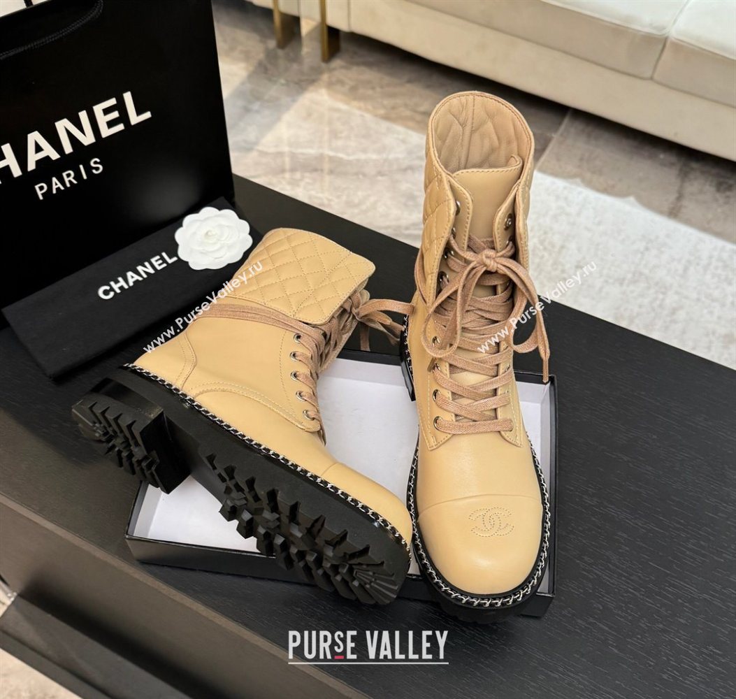 Chanel Lambskin and Quilted Leather Laced-up Ankle Boots 5cm with Chain Black 2025 CH11030320 (MD-251103138)