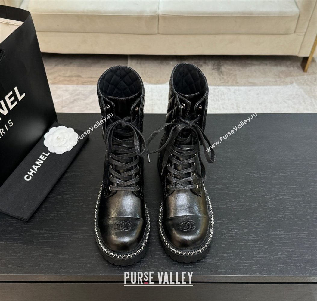 Chanel Lambskin and Quilted Leather Laced-up Ankle Boots 5cm with Chain Black 2025 CH11030320 (MD-251103140)