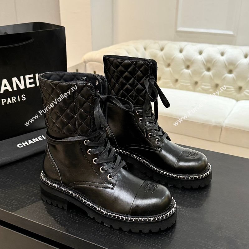 Chanel Lambskin and Quilted Leather Laced-up Ankle Boots 5cm with Chain Black 2025 CH11030320 (MD-251103140)