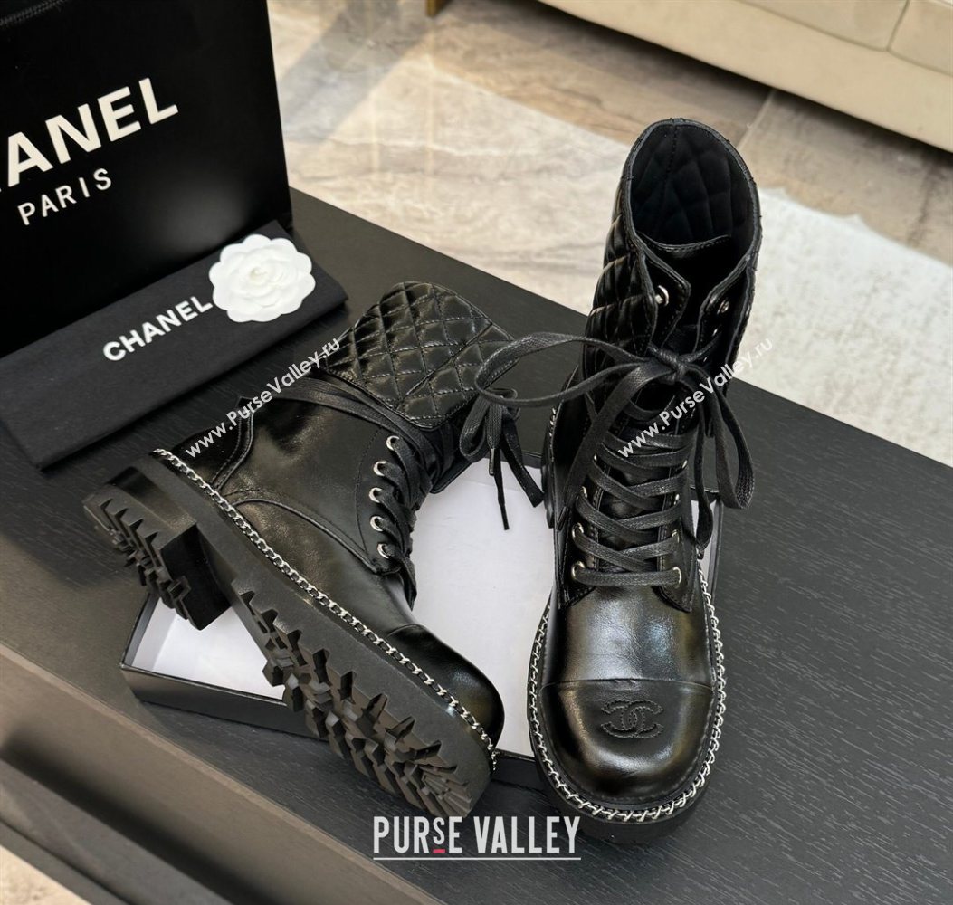 Chanel Lambskin and Quilted Leather Laced-up Ankle Boots 5cm with Chain Black 2025 CH11030320 (MD-251103140)