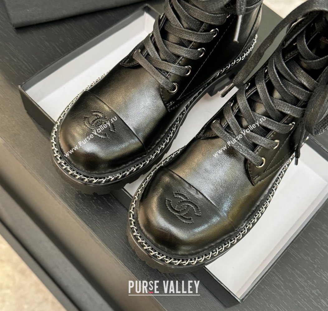 Chanel Lambskin and Quilted Leather Laced-up Ankle Boots 5cm with Chain Black 2025 CH11030320 (MD-251103140)