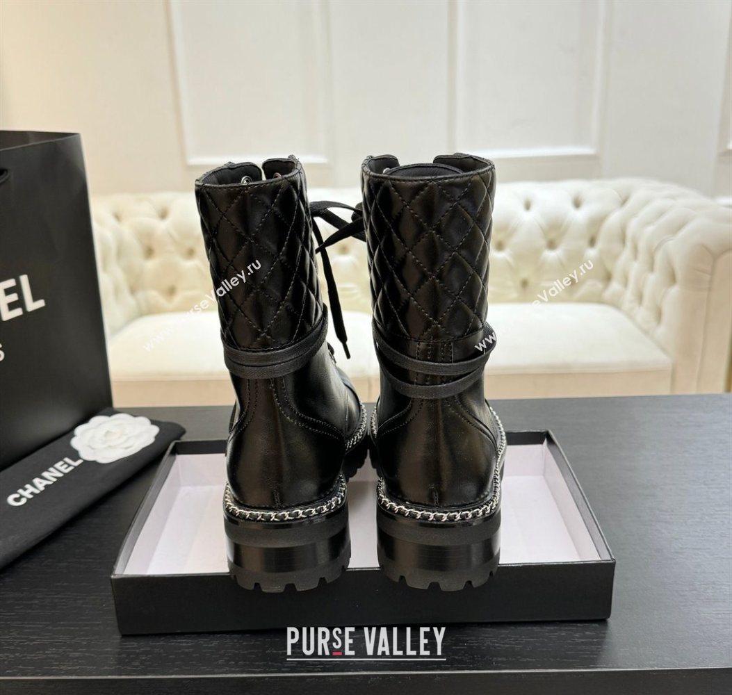 Chanel Lambskin and Quilted Leather Laced-up Ankle Boots 5cm with Chain Black 2025 CH11030320 (MD-251103140)