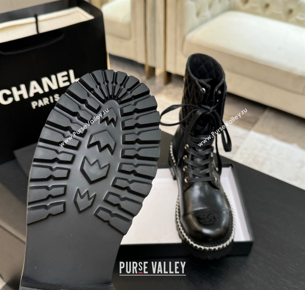 Chanel Lambskin and Quilted Leather Laced-up Ankle Boots 5cm with Chain Black 2025 CH11030320 (MD-251103140)