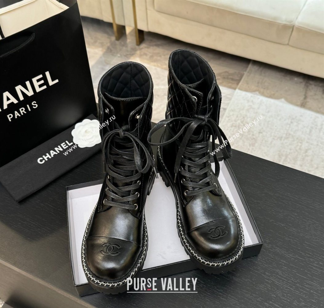 Chanel Lambskin and Quilted Leather Laced-up Ankle Boots 5cm with Chain Black 2025 CH11030320 (MD-251103140)