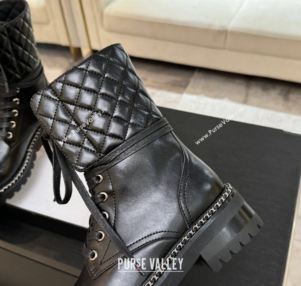 Chanel Lambskin and Quilted Leather Laced-up Ankle Boots 5cm with Chain Black 2025 CH11030320 (MD-251103140)