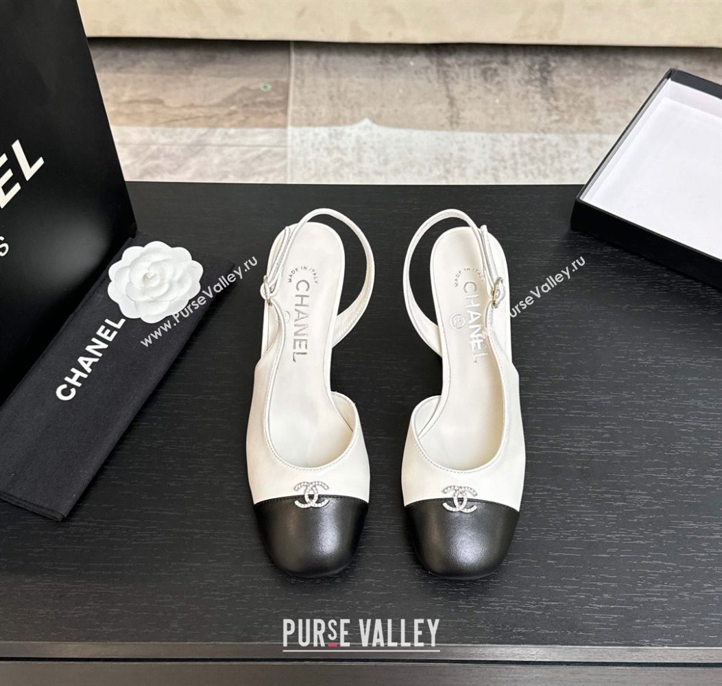 Chanel Lambskin and Calfskin Leather Slingback Pumps 9cm with Strass CC White 2025 CH110301 (MD-251103001)