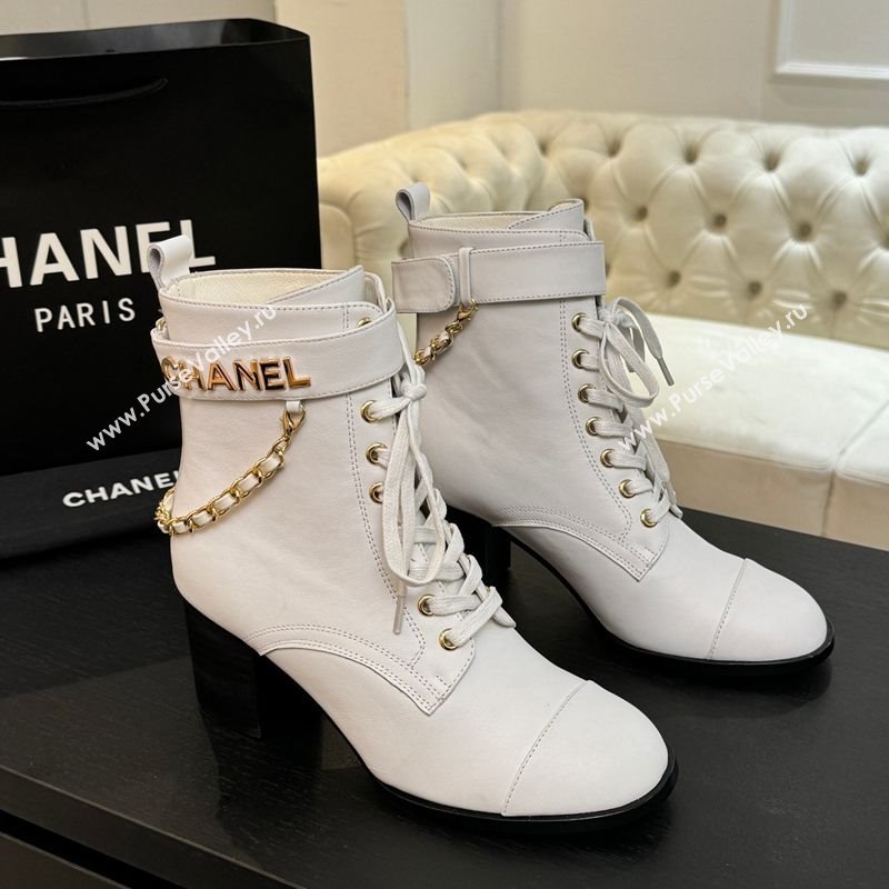 Chanel Calfskin Leather Laced-up Ankle Boots with Chain White 2025 CH11030321 (MD-251103141)