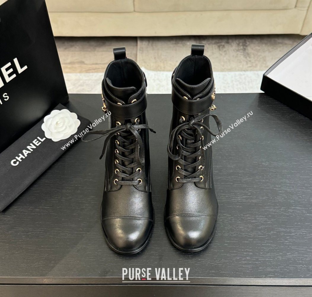 Chanel Calfskin Leather Laced-up Ankle Boots with Chain Black 2025 CH11030321 (MD-251103142)