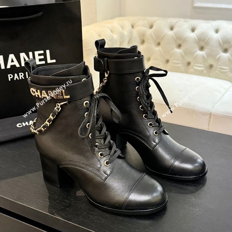 Chanel Calfskin Leather Laced-up Ankle Boots with Chain Black 2025 CH11030321 (MD-251103142)