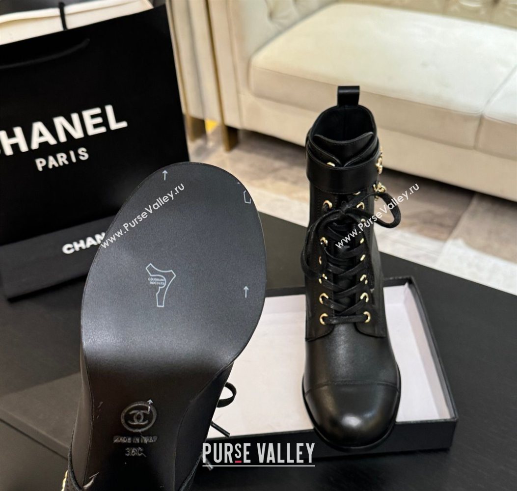 Chanel Calfskin Leather Laced-up Ankle Boots with Chain Black 2025 CH11030321 (MD-251103142)