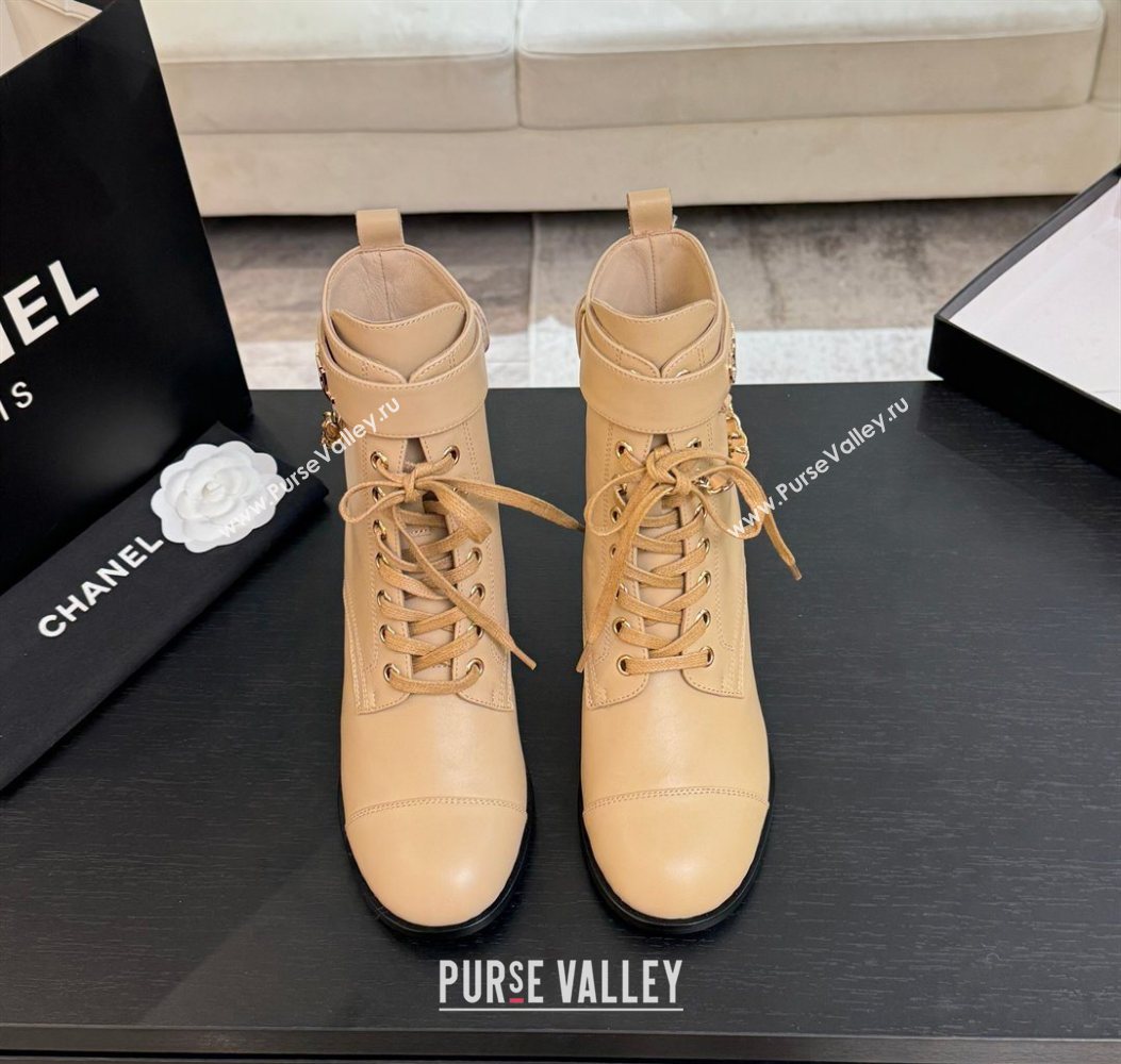 Chanel Calfskin Leather Laced-up Ankle Boots with Chain Beige 2025 CH11030321 (MD-251103143)