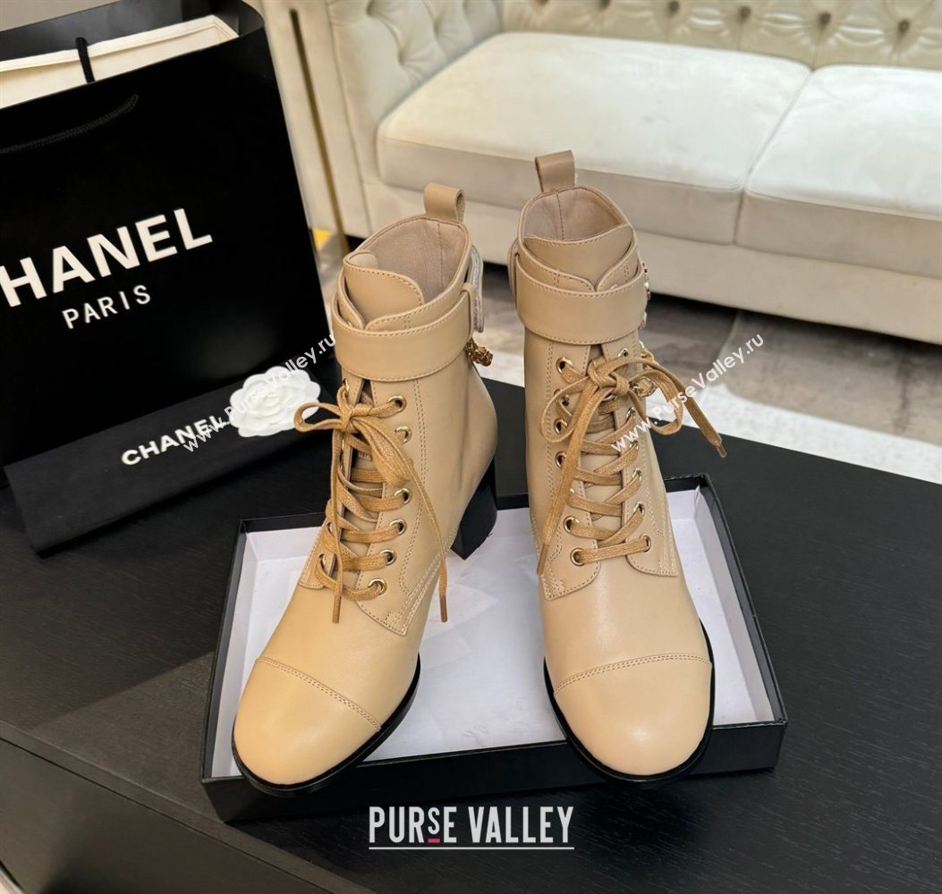 Chanel Calfskin Leather Laced-up Ankle Boots with Chain Beige 2025 CH11030321 (MD-251103143)