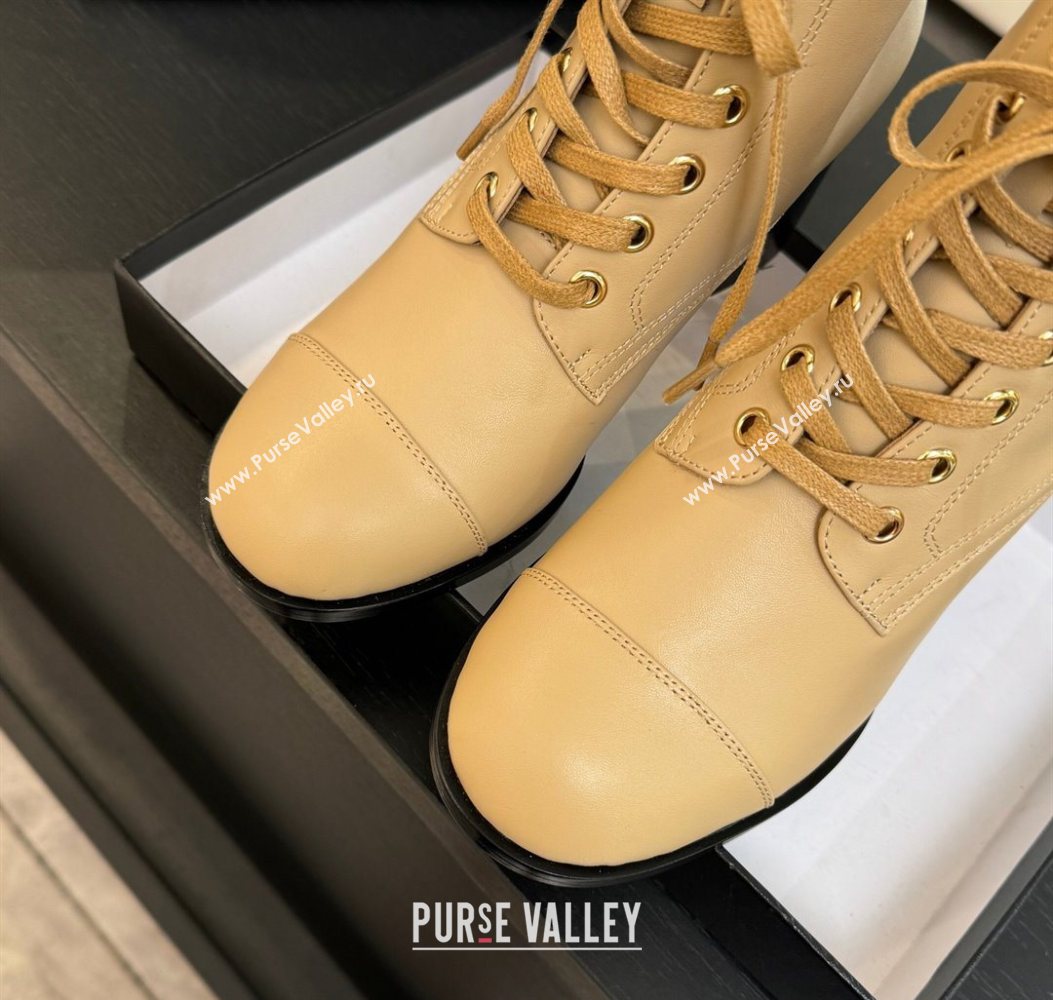 Chanel Calfskin Leather Laced-up Ankle Boots with Chain Beige 2025 CH11030321 (MD-251103143)