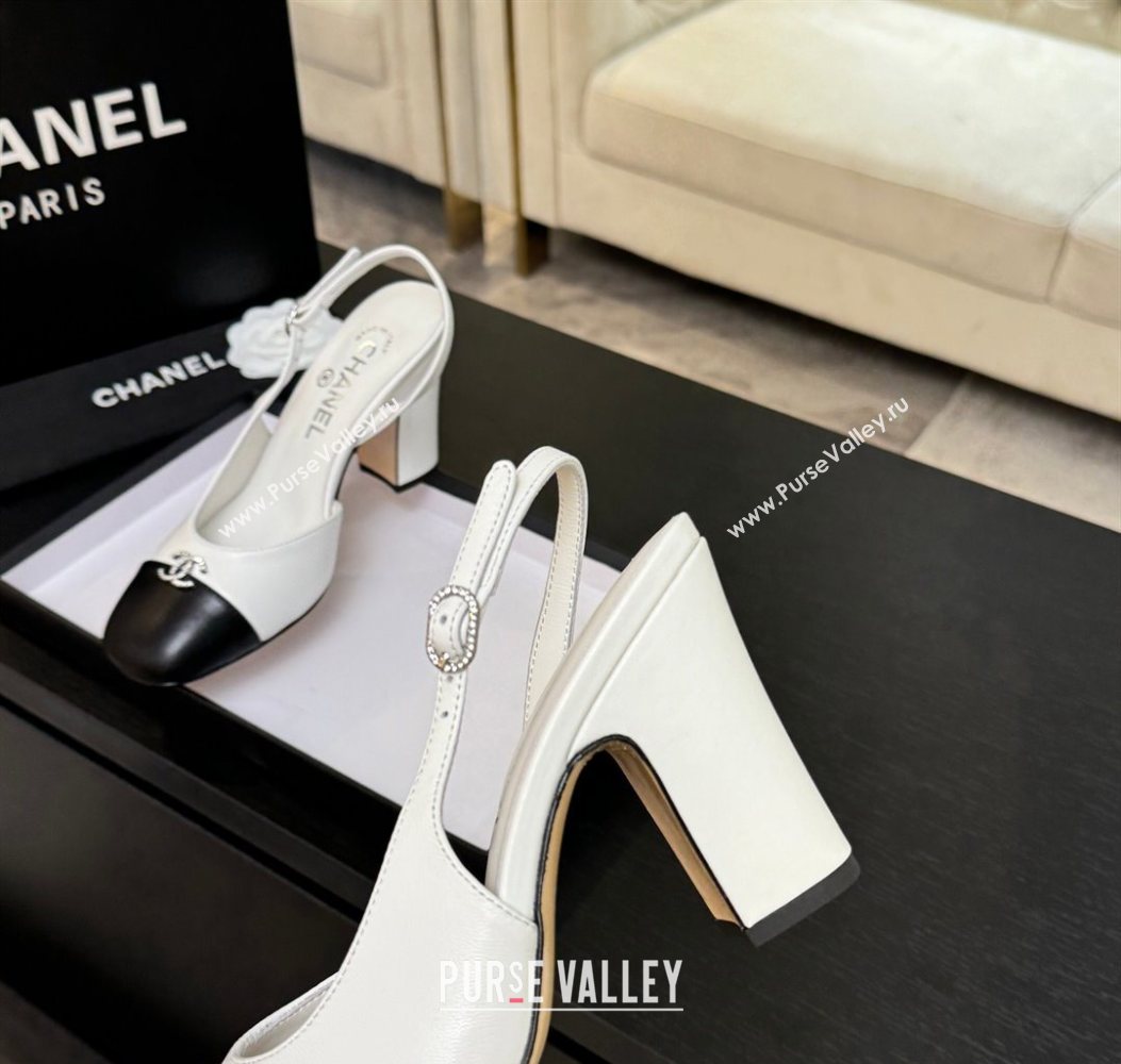 Chanel Lambskin and Calfskin Leather Slingback Pumps 9cm with Strass CC White 2025 CH110301 (MD-251103001)