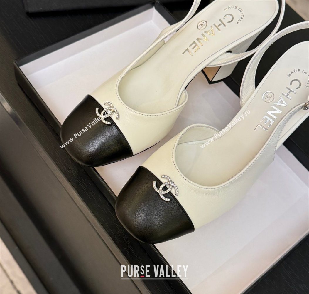 Chanel Lambskin and Calfskin Leather Slingback Pumps 9cm with Strass CC White 2025 CH110301 (MD-251103001)