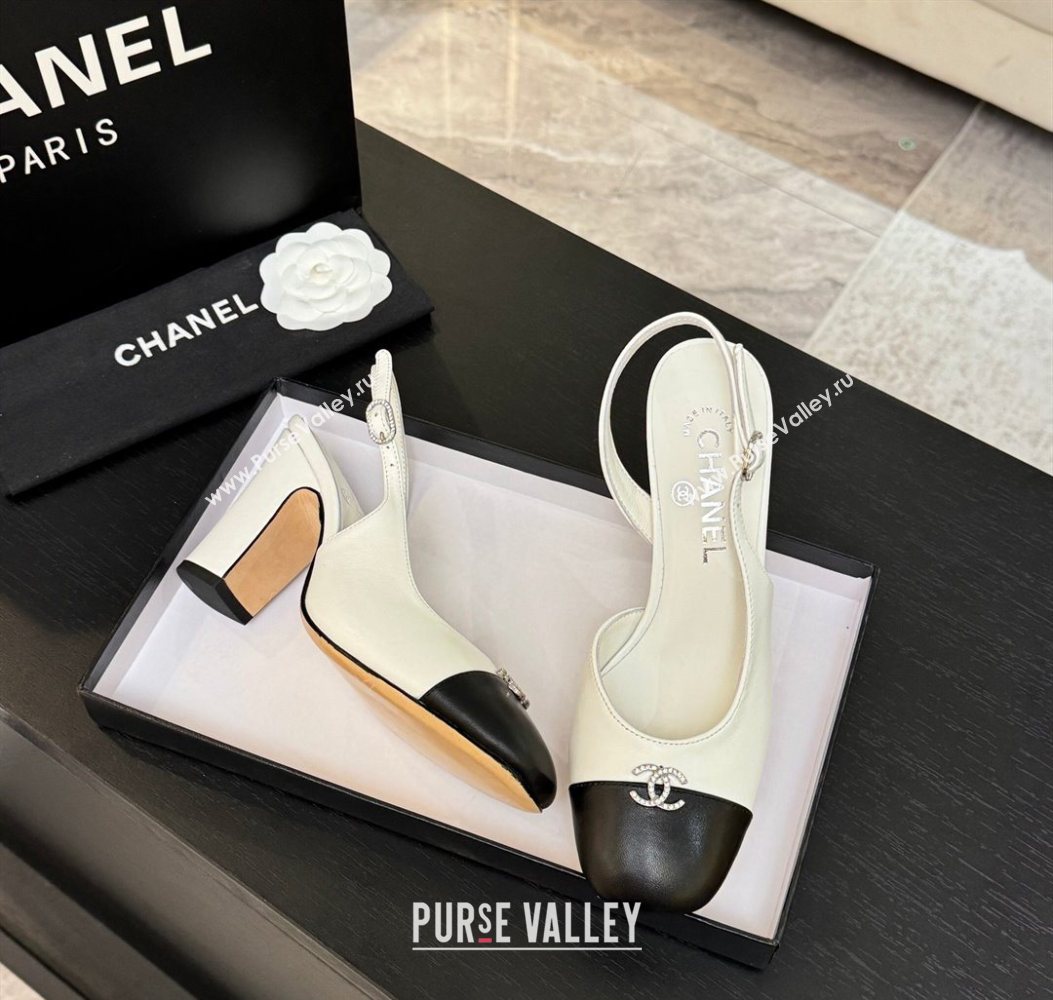 Chanel Lambskin and Calfskin Leather Slingback Pumps 9cm with Strass CC White 2025 CH110301 (MD-251103001)