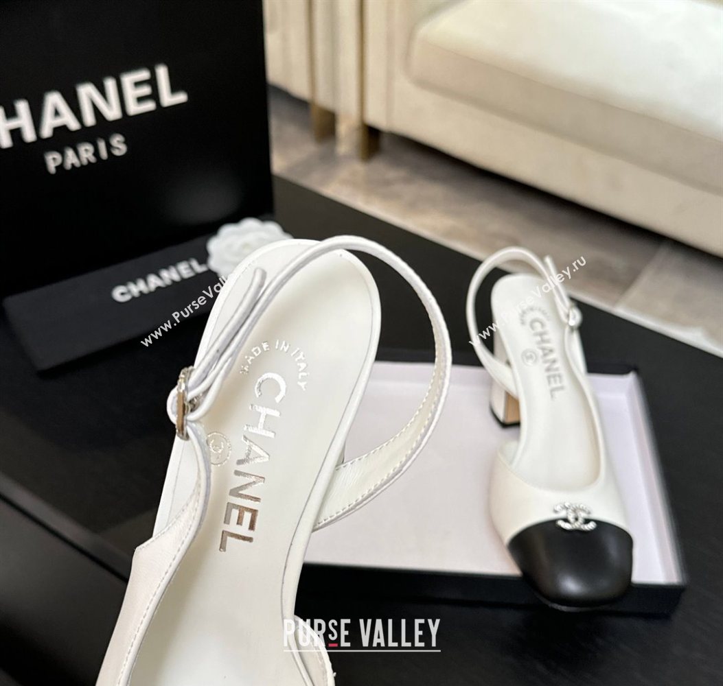 Chanel Lambskin and Calfskin Leather Slingback Pumps 9cm with Strass CC White 2025 CH110301 (MD-251103001)