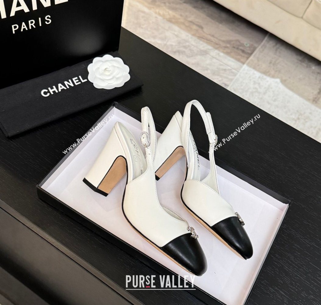Chanel Lambskin and Calfskin Leather Slingback Pumps 9cm with Strass CC White 2025 CH110301 (MD-251103001)