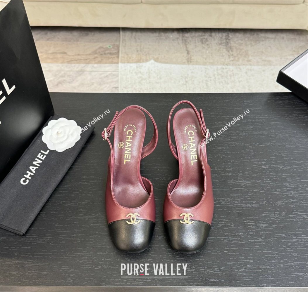 Chanel Lambskin and Calfskin Leather Slingback Pumps 9cm with Strass CC Burgundy 2025 CH110301 (MD-251103002)