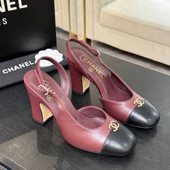 Chanel Lambskin and Calfskin Leather Slingback Pumps 9cm with Strass CC Burgundy 2025 CH110301 (MD-251103002)