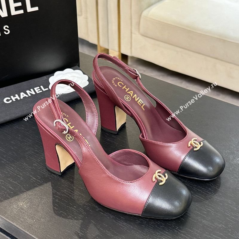 Chanel Lambskin and Calfskin Leather Slingback Pumps 9cm with Strass CC Burgundy 2025 CH110301 (MD-251103002)