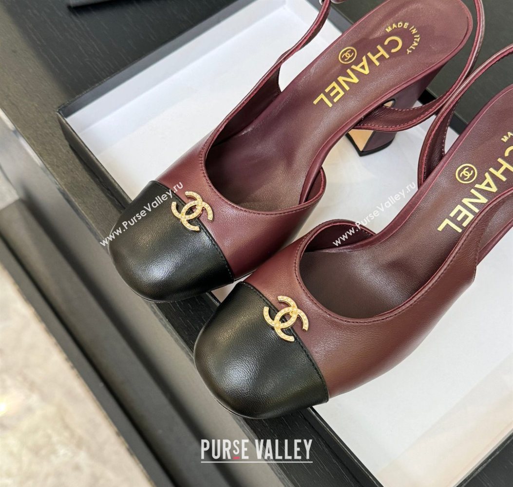 Chanel Lambskin and Calfskin Leather Slingback Pumps 9cm with Strass CC Burgundy 2025 CH110301 (MD-251103002)