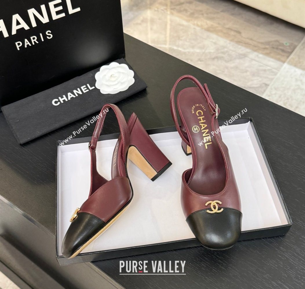 Chanel Lambskin and Calfskin Leather Slingback Pumps 9cm with Strass CC Burgundy 2025 CH110301 (MD-251103002)