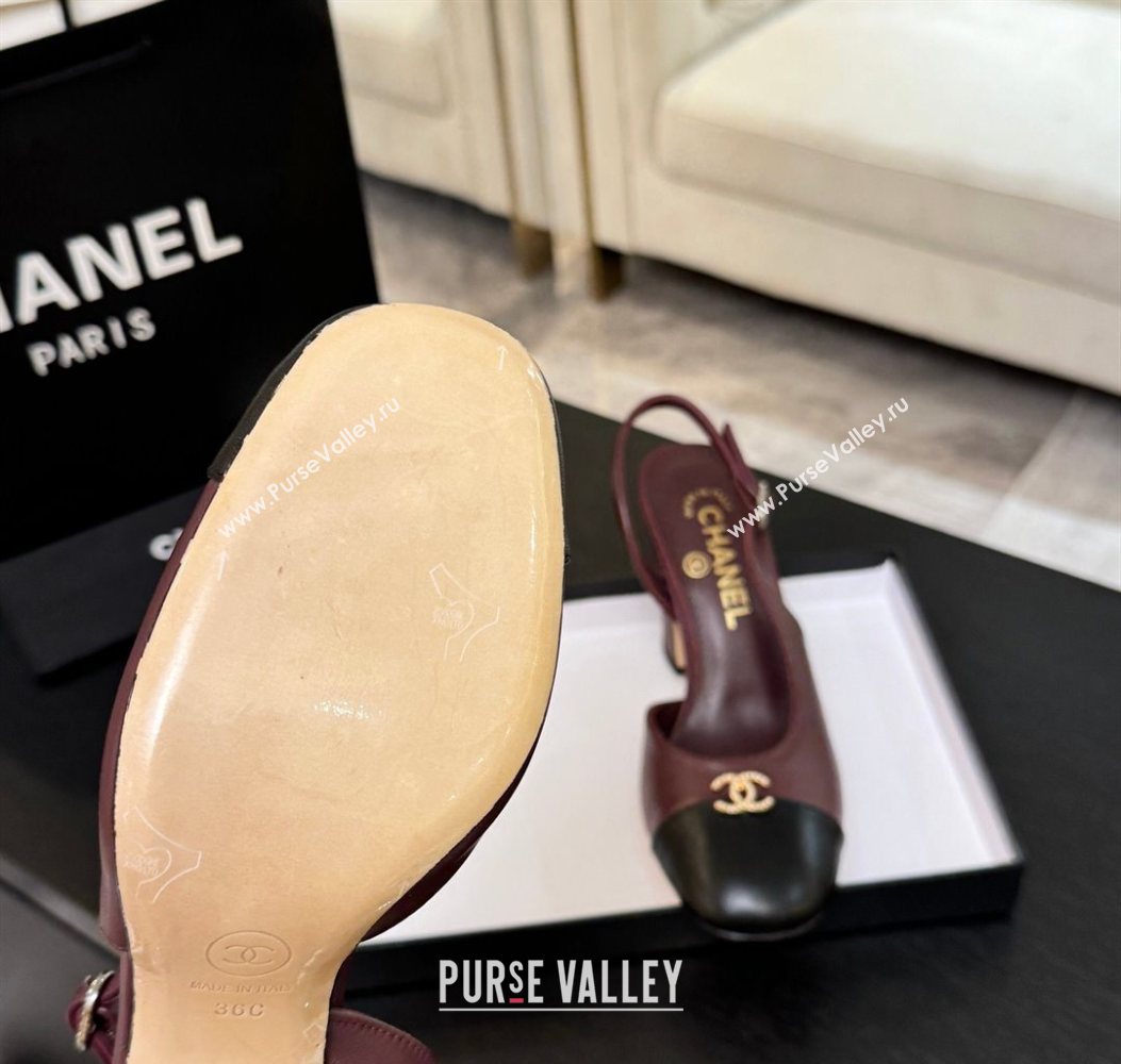 Chanel Lambskin and Calfskin Leather Slingback Pumps 9cm with Strass CC Burgundy 2025 CH110301 (MD-251103002)