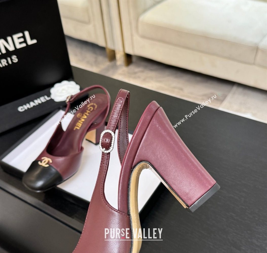 Chanel Lambskin and Calfskin Leather Slingback Pumps 9cm with Strass CC Burgundy 2025 CH110301 (MD-251103002)