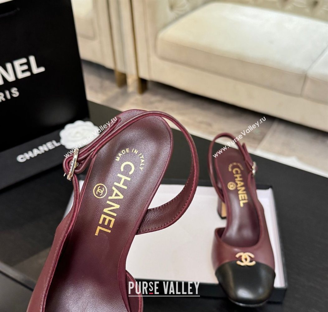 Chanel Lambskin and Calfskin Leather Slingback Pumps 9cm with Strass CC Burgundy 2025 CH110301 (MD-251103002)