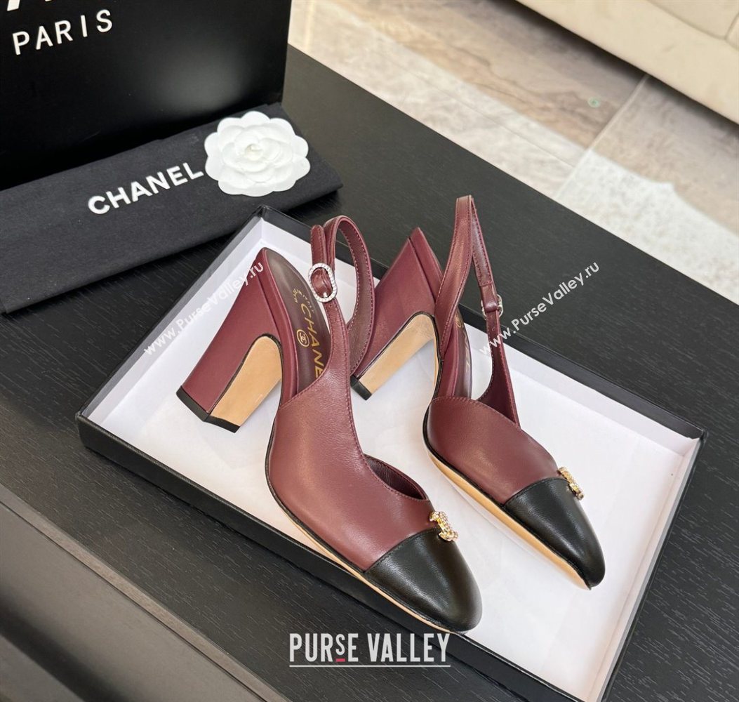 Chanel Lambskin and Calfskin Leather Slingback Pumps 9cm with Strass CC Burgundy 2025 CH110301 (MD-251103002)