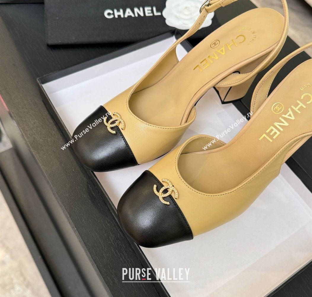 Chanel Lambskin and Calfskin Leather Slingback Pumps 9cm with Strass CC Beige Yellow 2025 CH110301 (MD-251103003)