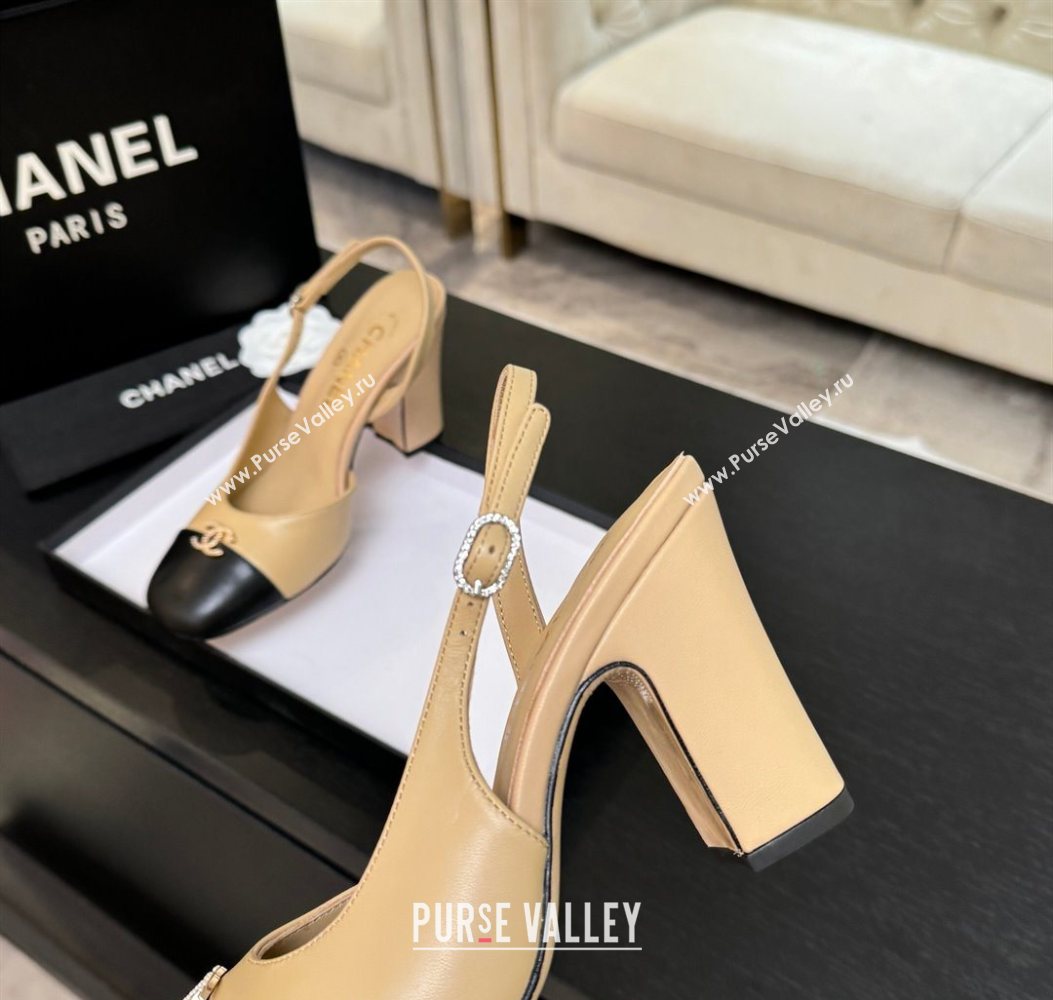 Chanel Lambskin and Calfskin Leather Slingback Pumps 9cm with Strass CC Beige Yellow 2025 CH110301 (MD-251103003)