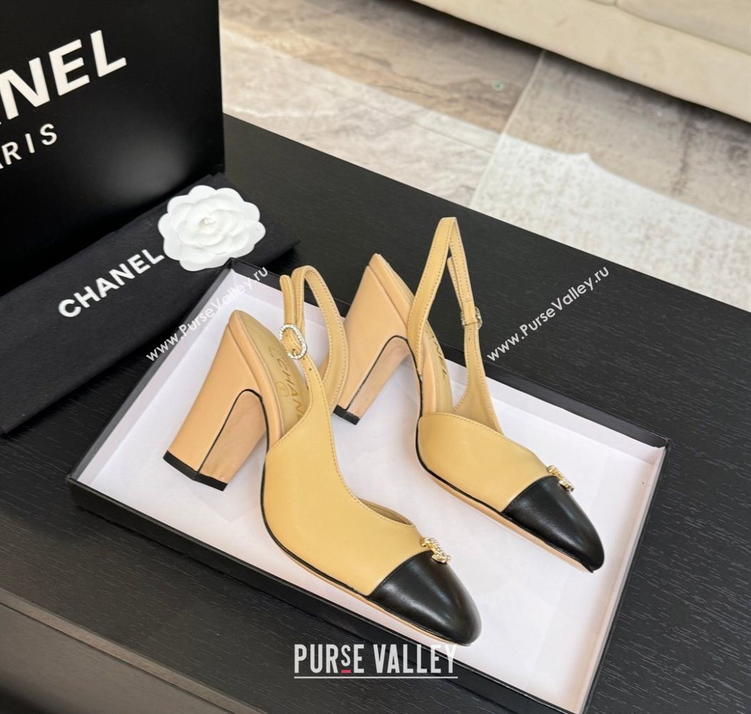 Chanel Lambskin and Calfskin Leather Slingback Pumps 9cm with Strass CC Beige Yellow 2025 CH110301 (MD-251103003)