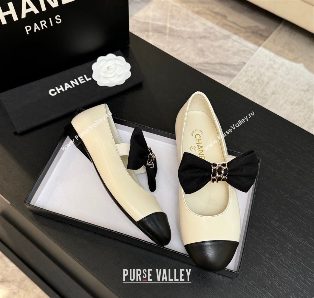 Chanel Lambskin Leather Mary Janes Ballet Flats with Bow White 2025 CH110303 (MD-251103070)