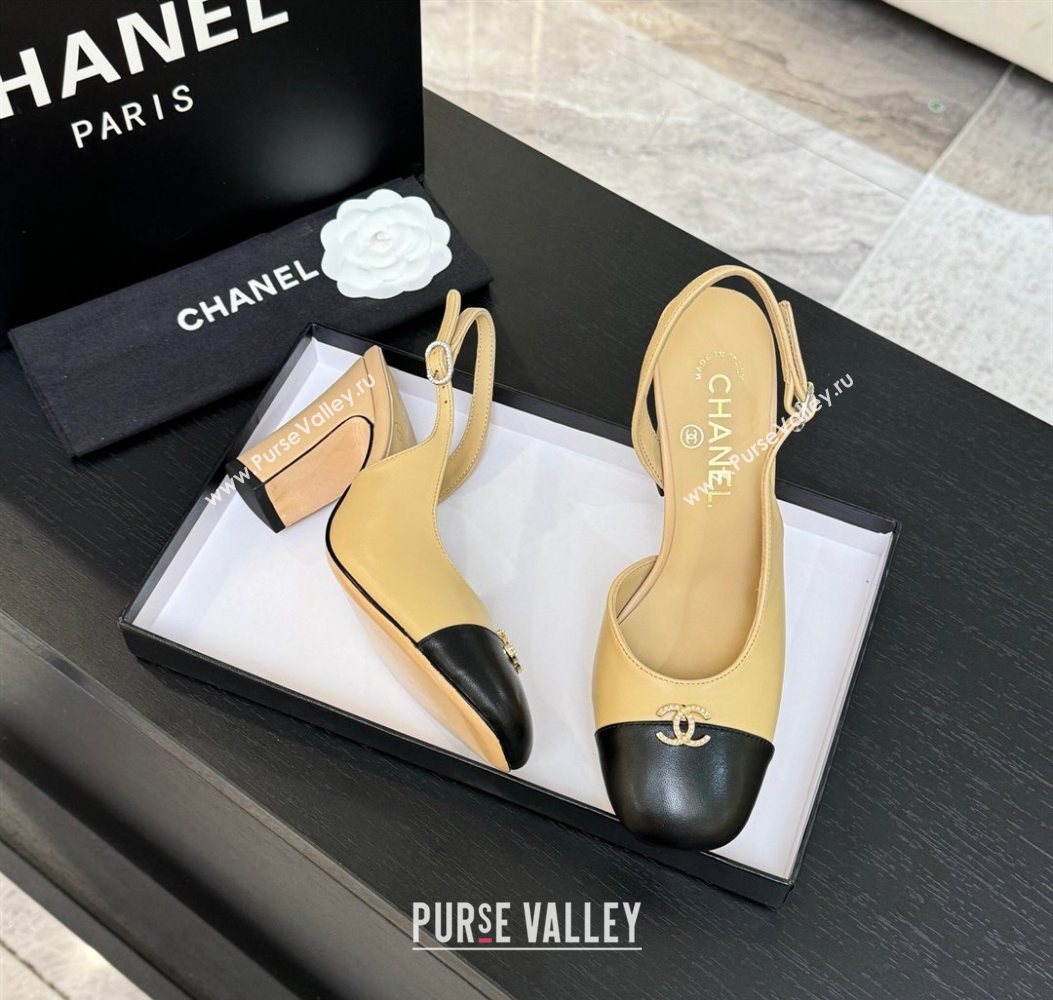 Chanel Lambskin and Calfskin Leather Slingback Pumps 9cm with Strass CC Beige Yellow 2025 CH110301 (MD-251103003)