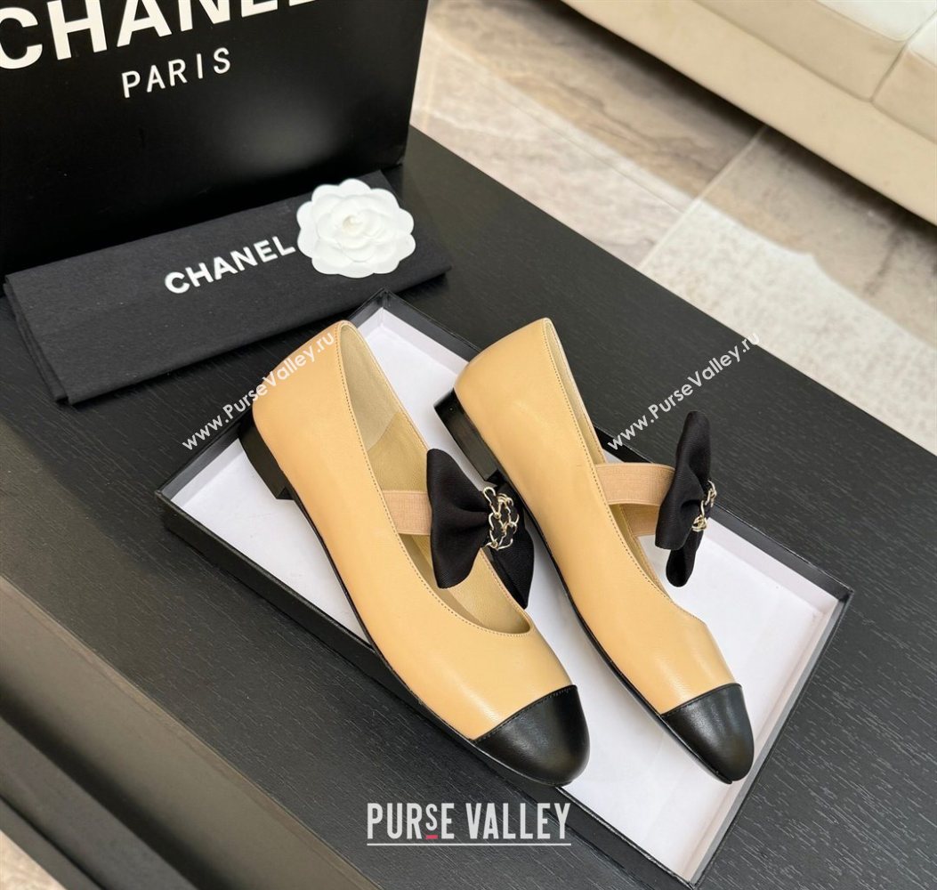 Chanel Lambskin Leather Mary Janes Ballet Flats with Bow Beige 2025 CH110303 (MD-251103072)